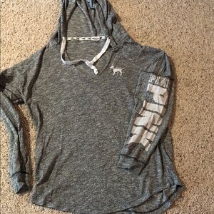 PINK Grey Hooded Long Sleeve Tee with Logo thin
